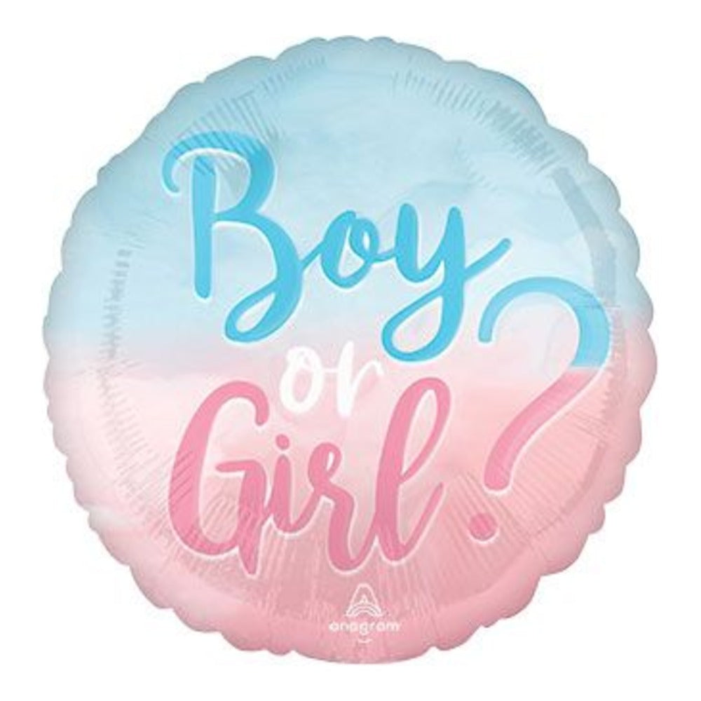 18-inch round Boy or Girl gender reveal foil balloon with blue and pink ombré background and script lettering