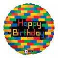 18-inch round foil balloon with colorful red, blue, yellow, and green building bricks around Happy Birthday lettering