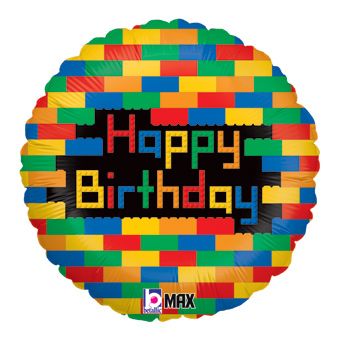18-inch round foil balloon with colorful red, blue, yellow, and green building bricks around Happy Birthday lettering