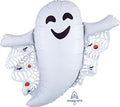 Smiling white Halloween ghost balloon with outstretched arms and spiderweb details