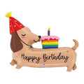 43-inch dachshund Happy Birthday foil balloon with a red party hat and a rainbow birthday cake
