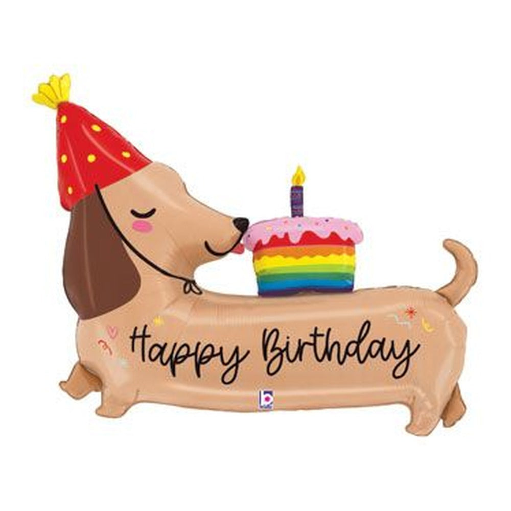 43-inch dachshund Happy Birthday foil balloon with a red party hat and a rainbow birthday cake
