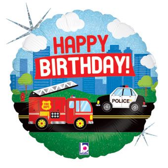 Fire Truck & Police Car Happy Birthday Balloon – 18 Inches