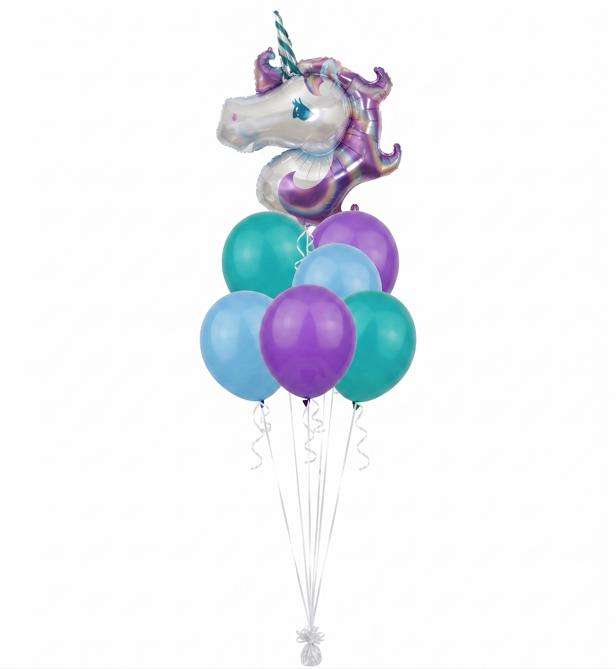 Purple unicorn birthday balloon bouquet with 42-inch holographic unicorn foil and purple, light blue, and teal latex balloons, helium-filled and delivered in Brooklyn