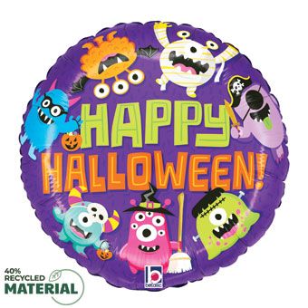 Purple round Happy Halloween balloon with colorful cartoon monsters