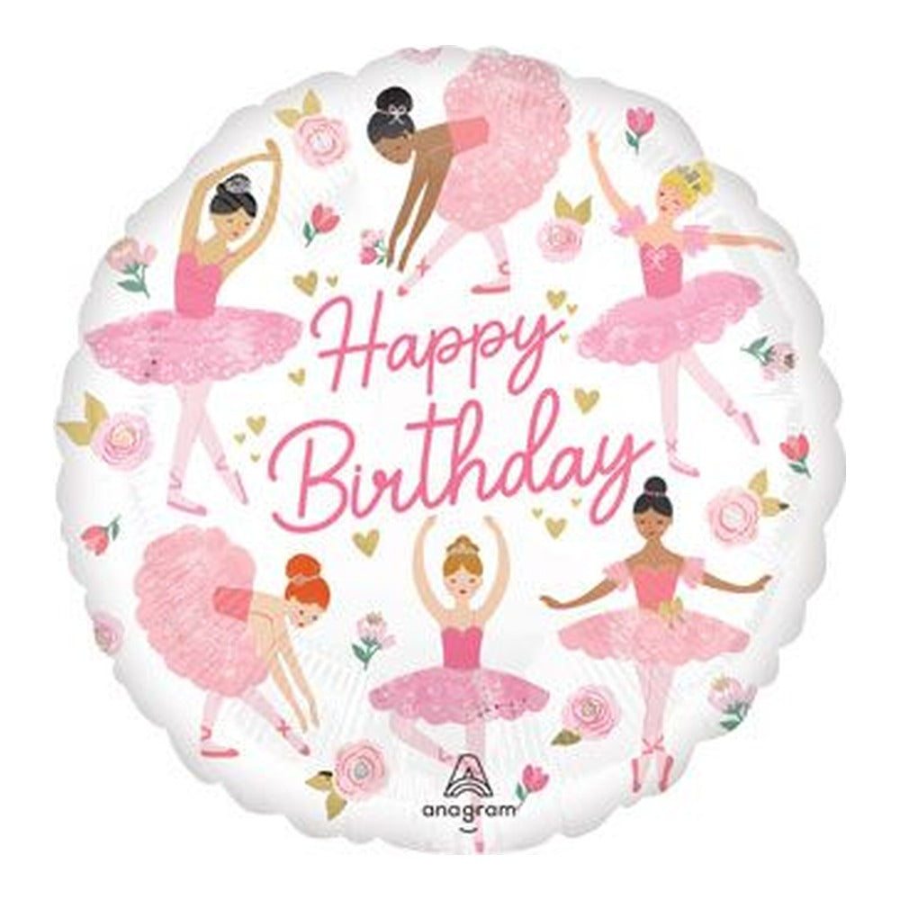 18-inch round Happy Birthday foil balloon with ballerinas in pink tutus
