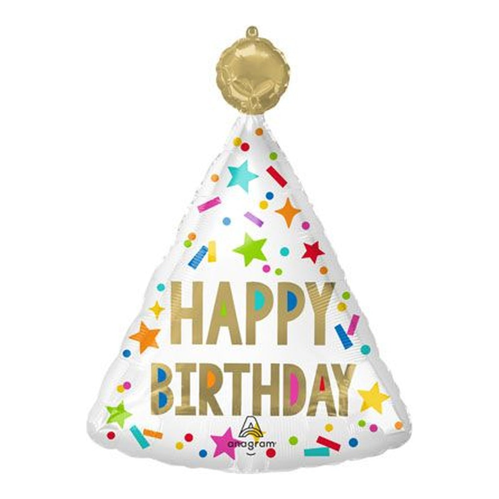 21-inch Happy Birthday party hat foil balloon with gold lettering and colorful confetti