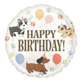 18-inch round Happy Birthday foil balloon with party-hat puppies and paw prints