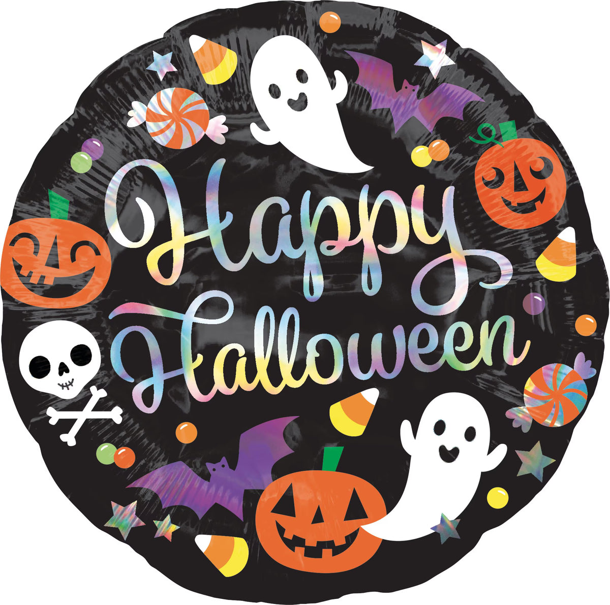Black round Happy Halloween balloon with holographic lettering, white ghosts, orange pumpkins, purple bats, and candy