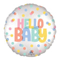 18-inch round Hello Baby foil balloon with pastel pink, peach, blue, and yellow lettering and confetti dots