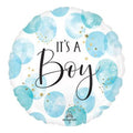 18-inch round It's a Boy foil balloon with light blue watercolor dots and gold star accents on white