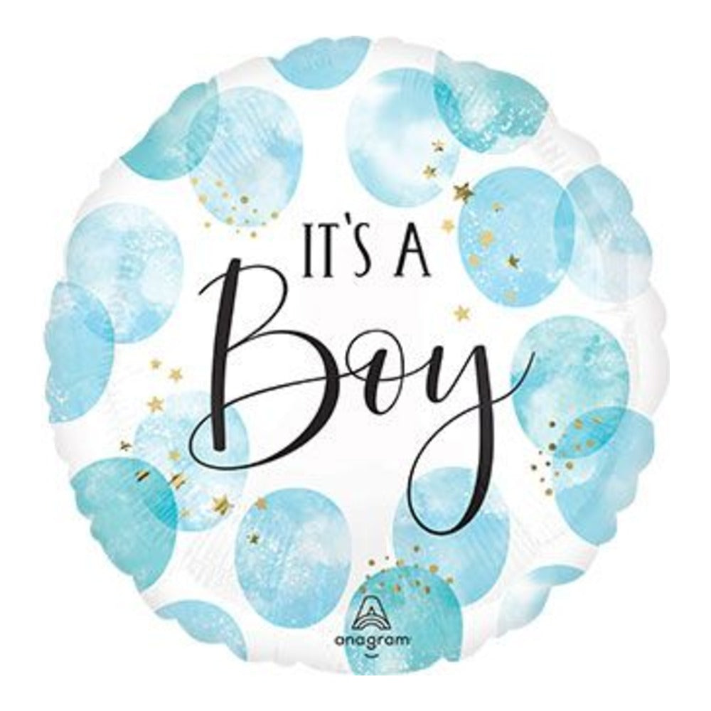 18-inch round It's a Boy foil balloon with light blue watercolor dots and gold star accents on white