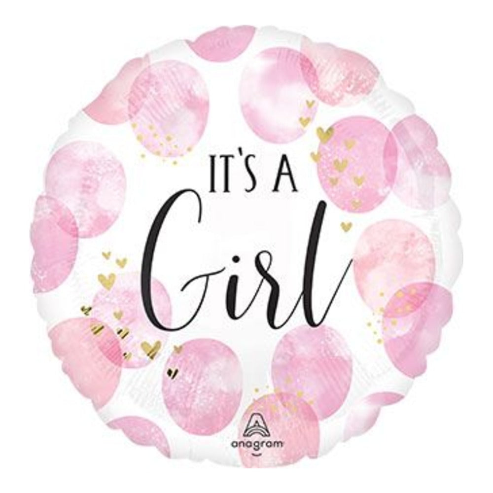 18-inch round It's a Girl foil balloon with pink watercolor dots and gold heart accents on white