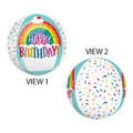 16-inch Rainbow Cupcake Orbz Happy Birthday balloon, front and back views with rainbow sprinkles