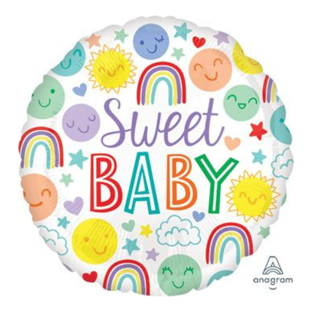 18-inch round Sweet Baby foil balloon with rainbows, smiling suns, clouds, stars, and pastel smiley faces