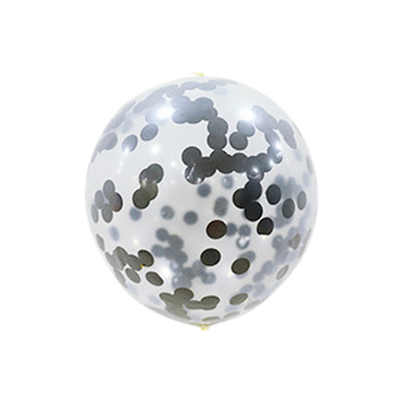12-inch clear latex balloon with black and silver confetti