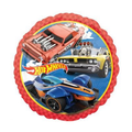 18-inch round Hot Wheels birthday foil balloon with three racing cars on red checkered background, helium-filled and delivered in Brooklyn