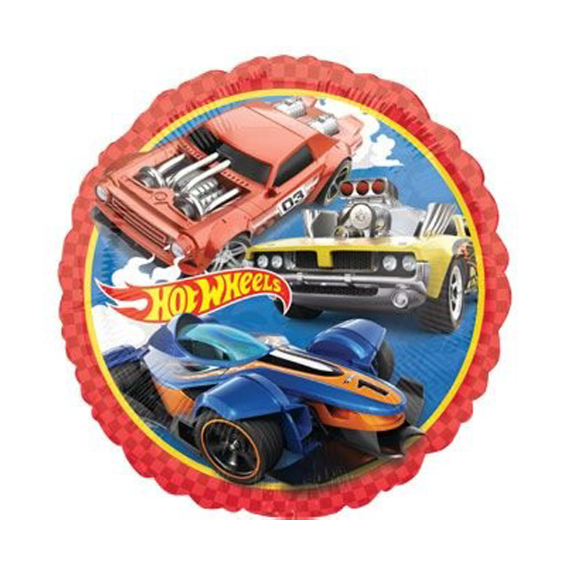 18-inch round Hot Wheels birthday foil balloon with three racing cars on red checkered background, helium-filled and delivered in Brooklyn