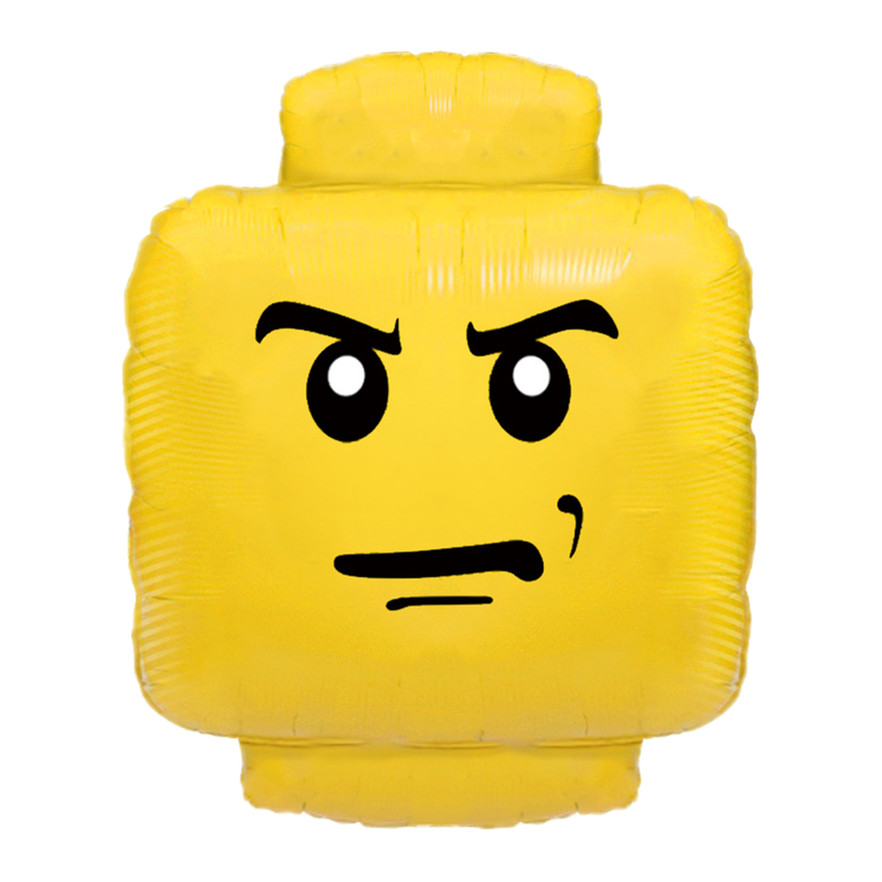 LEGO minifigure head foil balloon, smirking face side