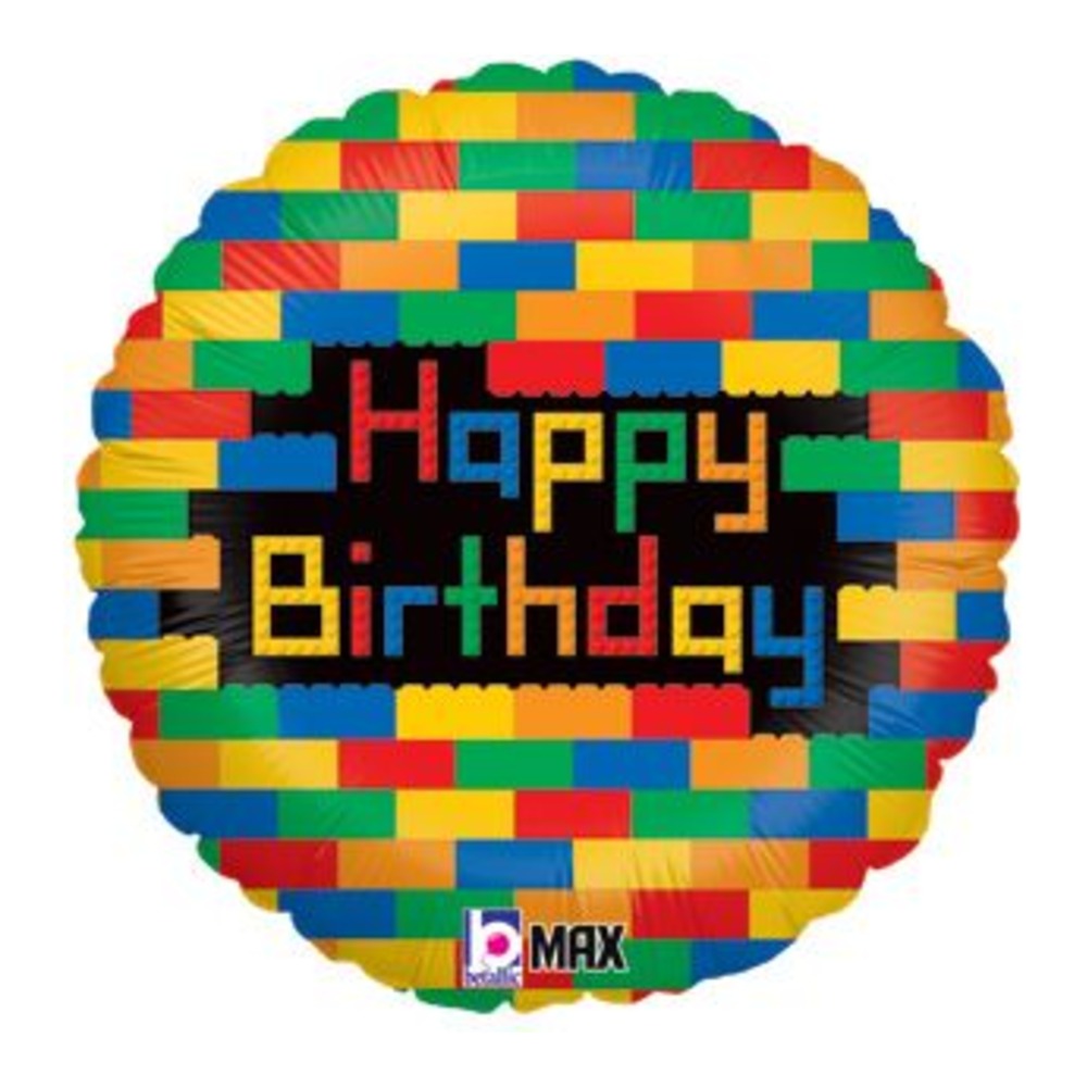 18-inch round foil balloon with colorful red, blue, yellow, and green building bricks around Happy Birthday lettering