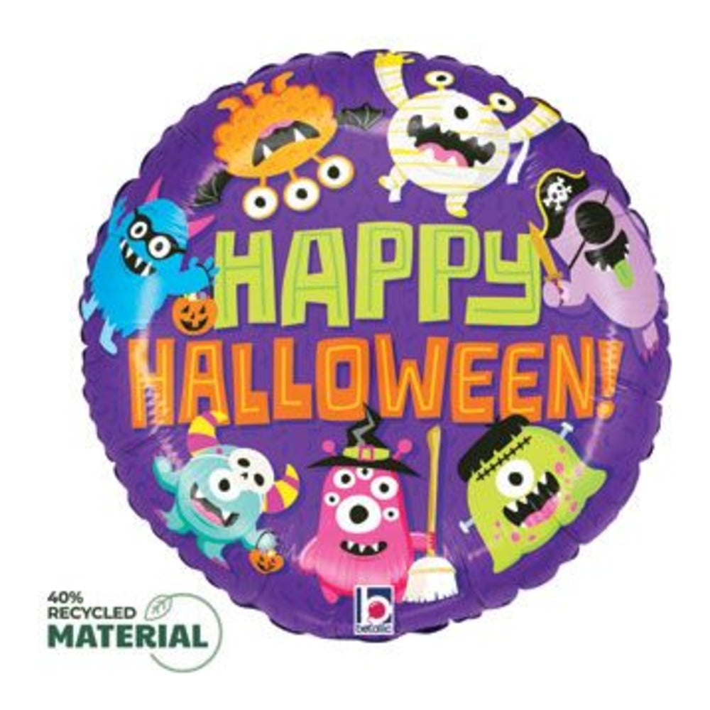Purple round Happy Halloween balloon with colorful cartoon monsters