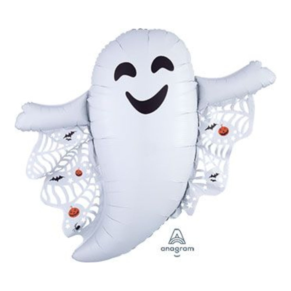 Smiling white Halloween ghost balloon with outstretched arms and spiderweb details