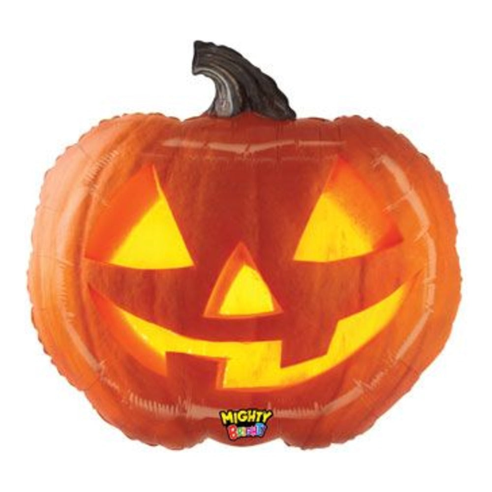 Orange jack-o'-lantern pumpkin foil balloon with a glowing yellow face
