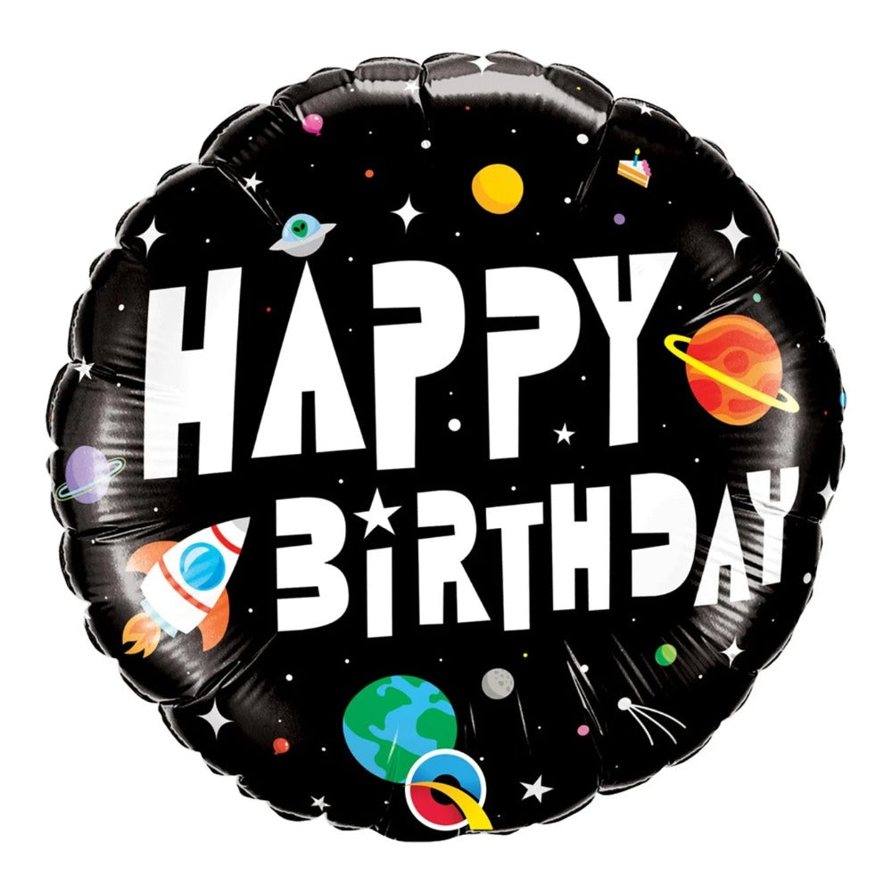 18-inch round outer space Happy Birthday foil balloon with planets and a rocket