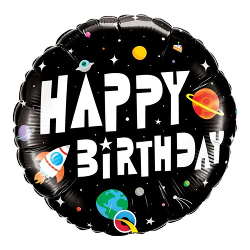 18-inch round outer space Happy Birthday foil balloon with planets and a rocket