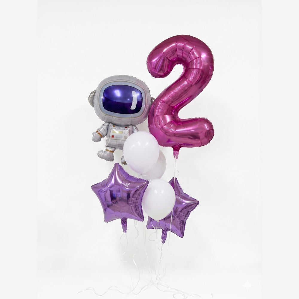 Girl astronaut birthday balloon bouquet, pink number
