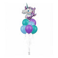 Purple unicorn birthday balloon bouquet with 42-inch holographic unicorn foil and purple, light blue, and teal latex balloons, helium-filled and delivered in Brooklyn