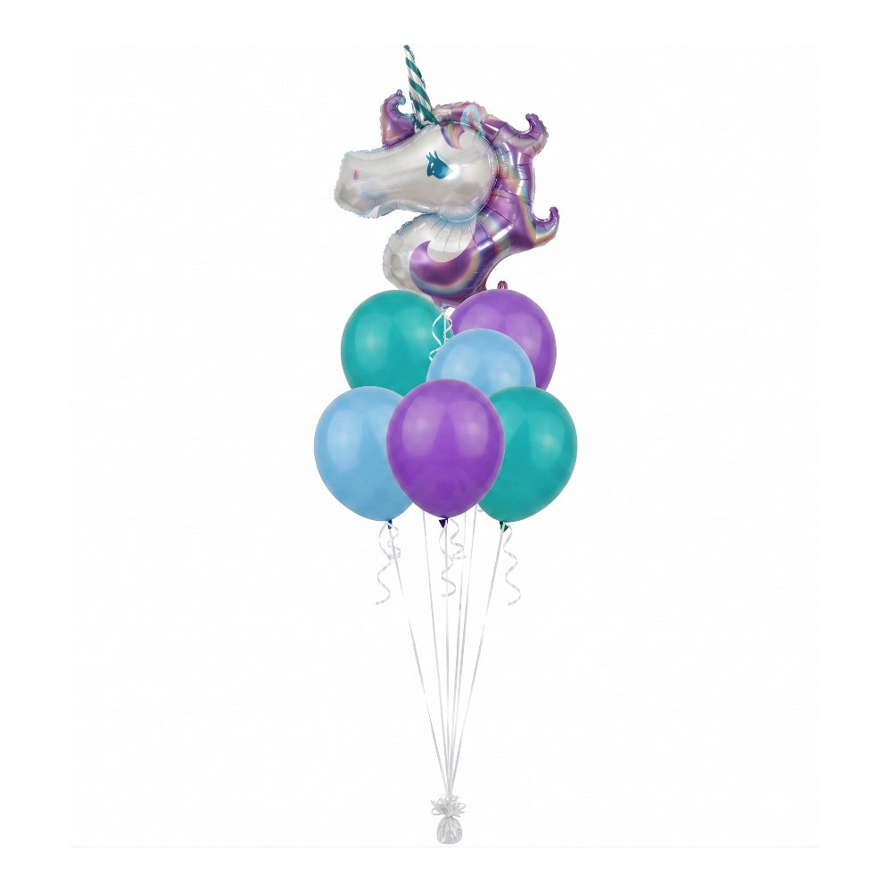 Purple unicorn birthday balloon bouquet with 42-inch holographic unicorn foil and purple, light blue, and teal latex balloons, helium-filled and delivered in Brooklyn