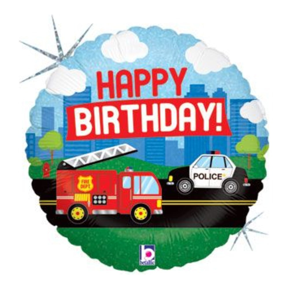 18-inch round Happy Birthday foil balloon with a fire truck and police car